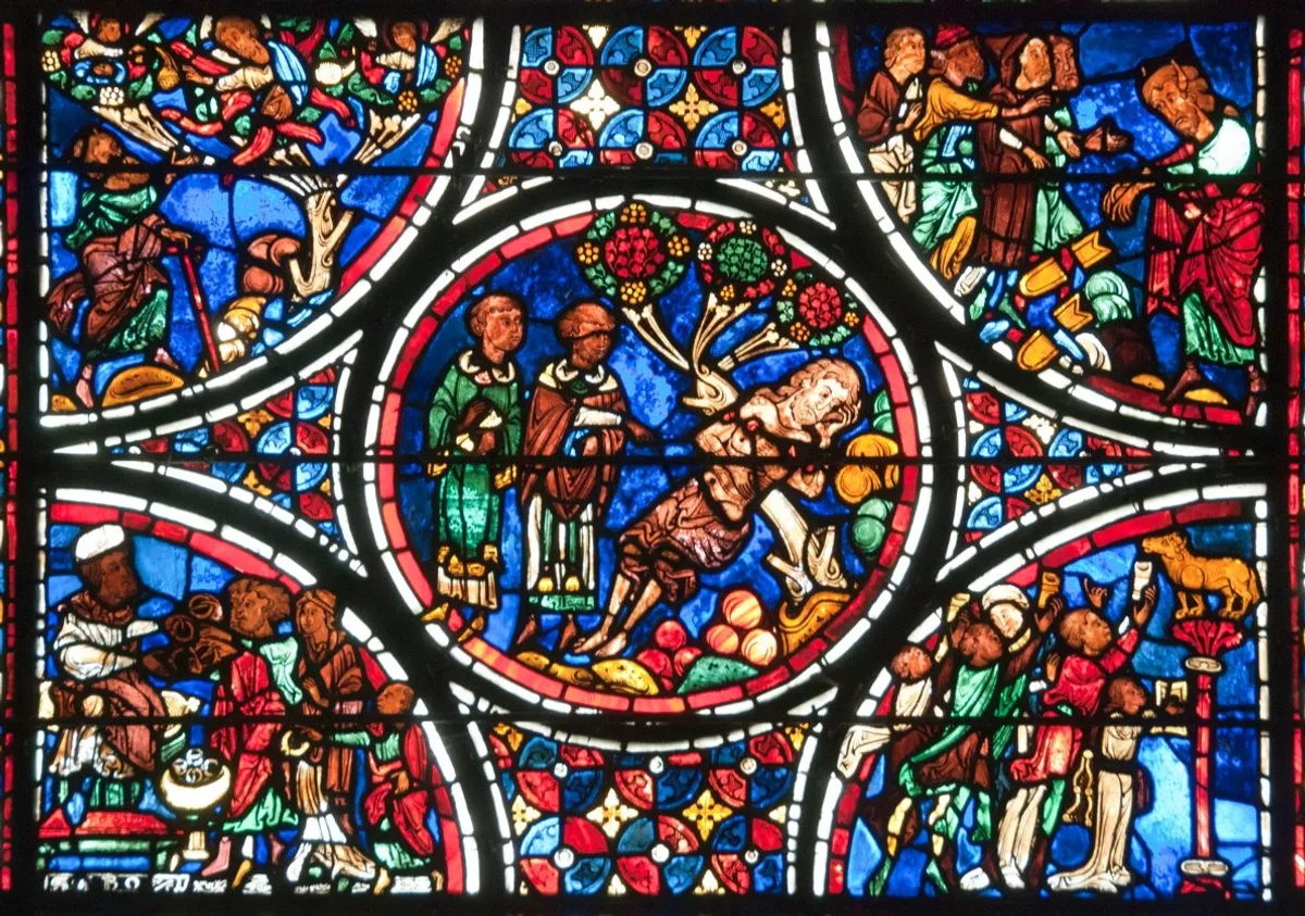 Détail d'un vitrail de la cathédrale de Bourges. Adoration du veau d'or, Exode du peuple hébreu depuis l’Égypte