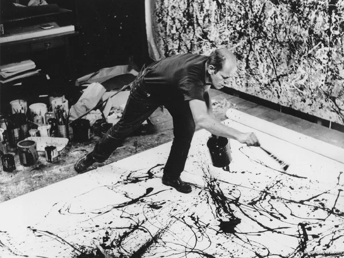 Jackson Pollock dans son atelier, aux États-Unis